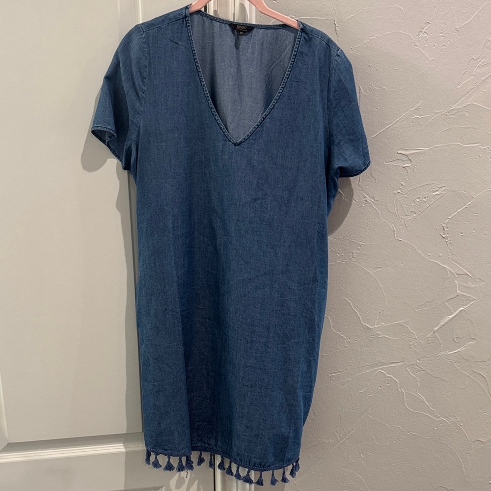 Blue Denim Dress with Tassel Hem